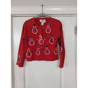 Michael Simon Simon Sez Snowman Cardigan girl's size 12/14 L red embroidered